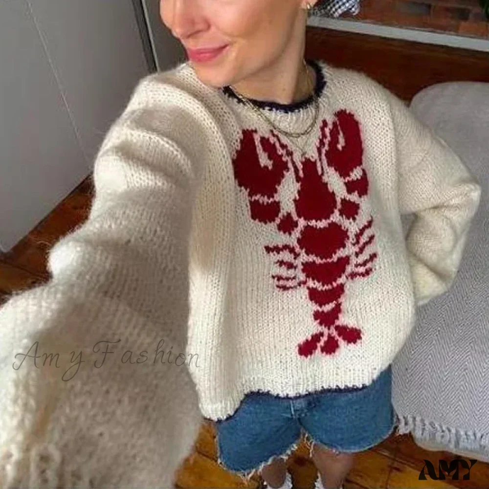 Y2K Knitted Pullovers 90s Vintage Grunge Preppy Style Lobster Pattern Autumn Winter Long Sleeve Cozy Sweater - Image 3