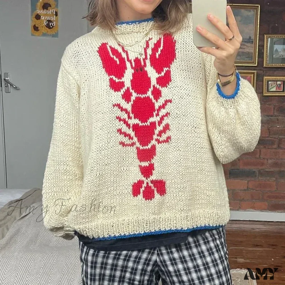 Y2K Knitted Pullovers 90s Vintage Grunge Preppy Style Lobster Pattern Autumn Winter Long Sleeve Cozy Sweater - Image 4