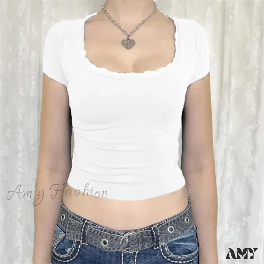 Lace Trim Solid Color Square Collar Short Sleeve Aesthetic Streetwear Crop Top - Image 2