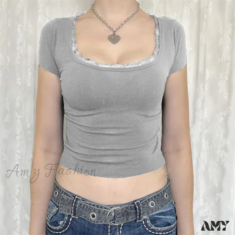 Lace Trim Solid Color Square Collar Short Sleeve Aesthetic Streetwear Crop Top - Image 3