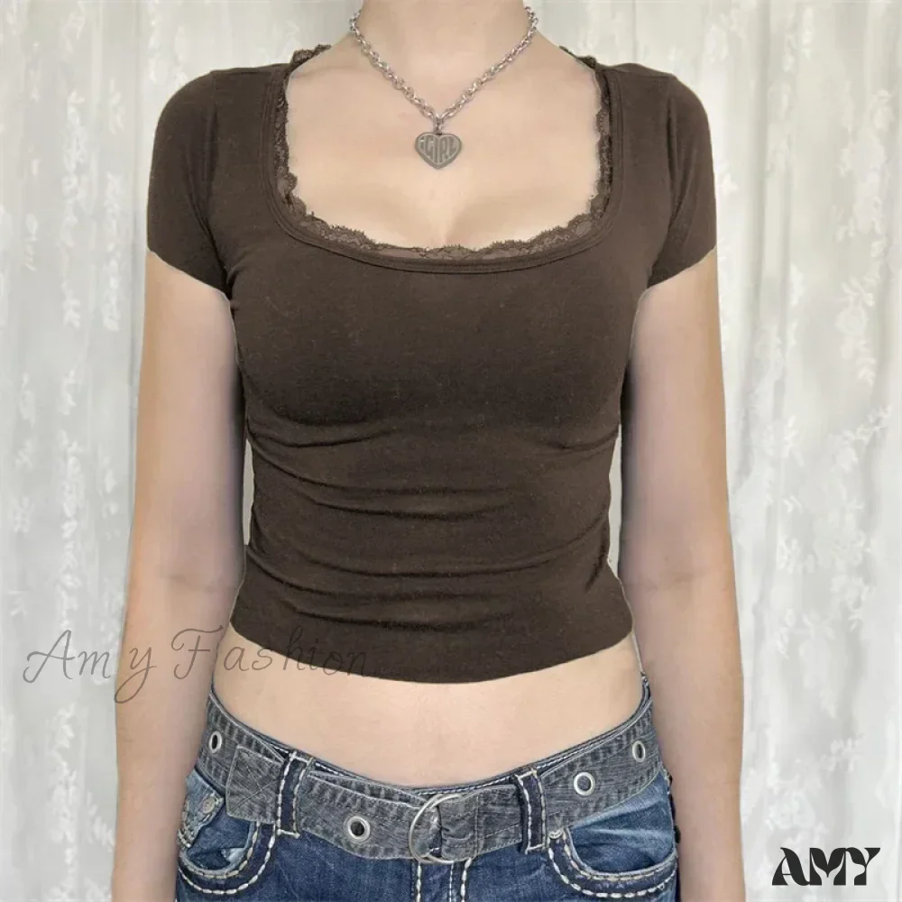 Lace Trim Solid Color Square Collar Short Sleeve Aesthetic Streetwear Crop Top - Image 4