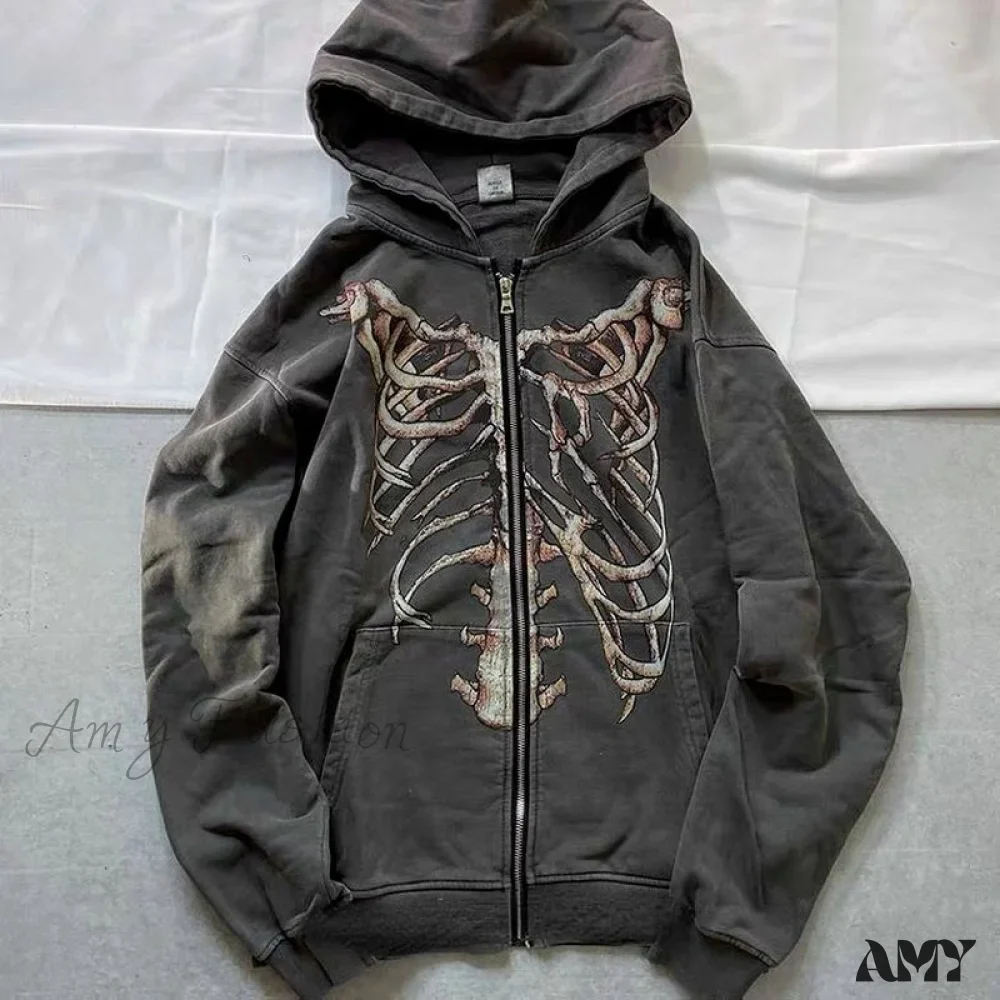 Amy Fashion - Gothic Punk Skeleton Print Hoody Jacket - Image 2