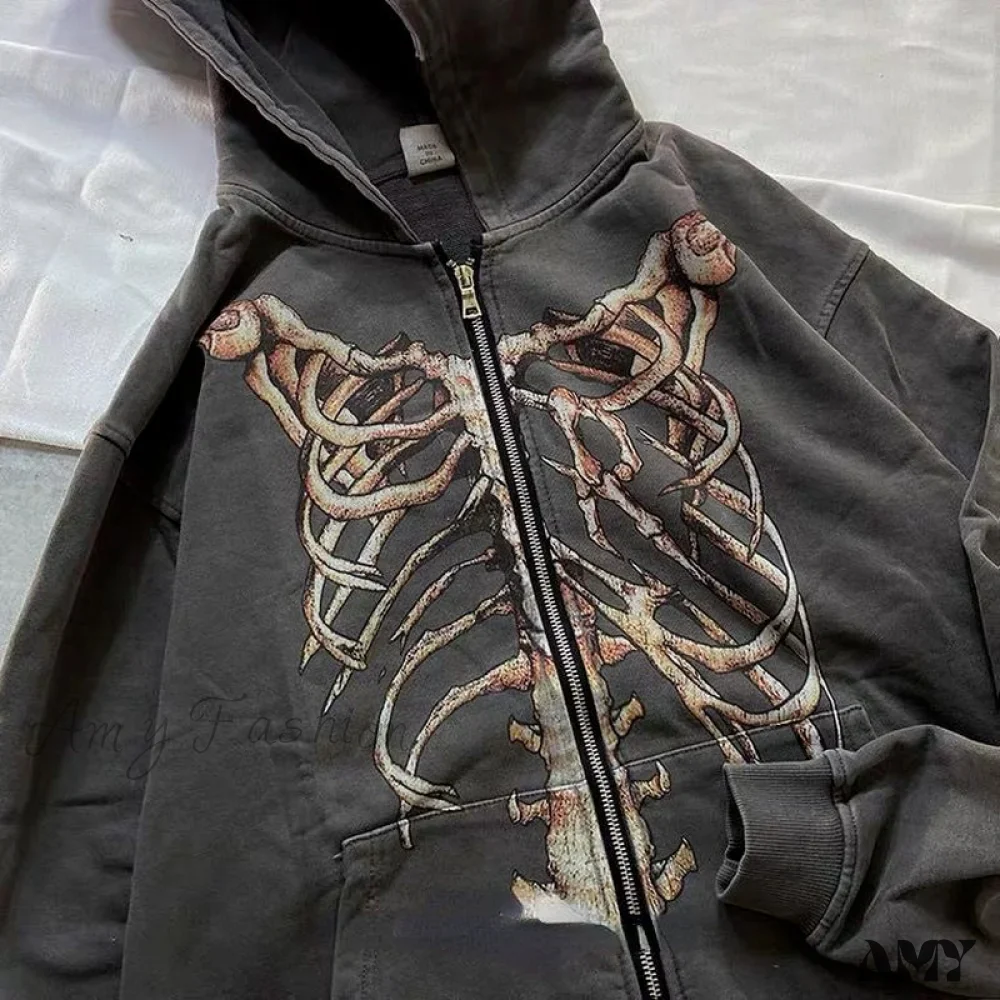 Amy Fashion - Gothic Punk Skeleton Print Hoody Jacket - Image 4
