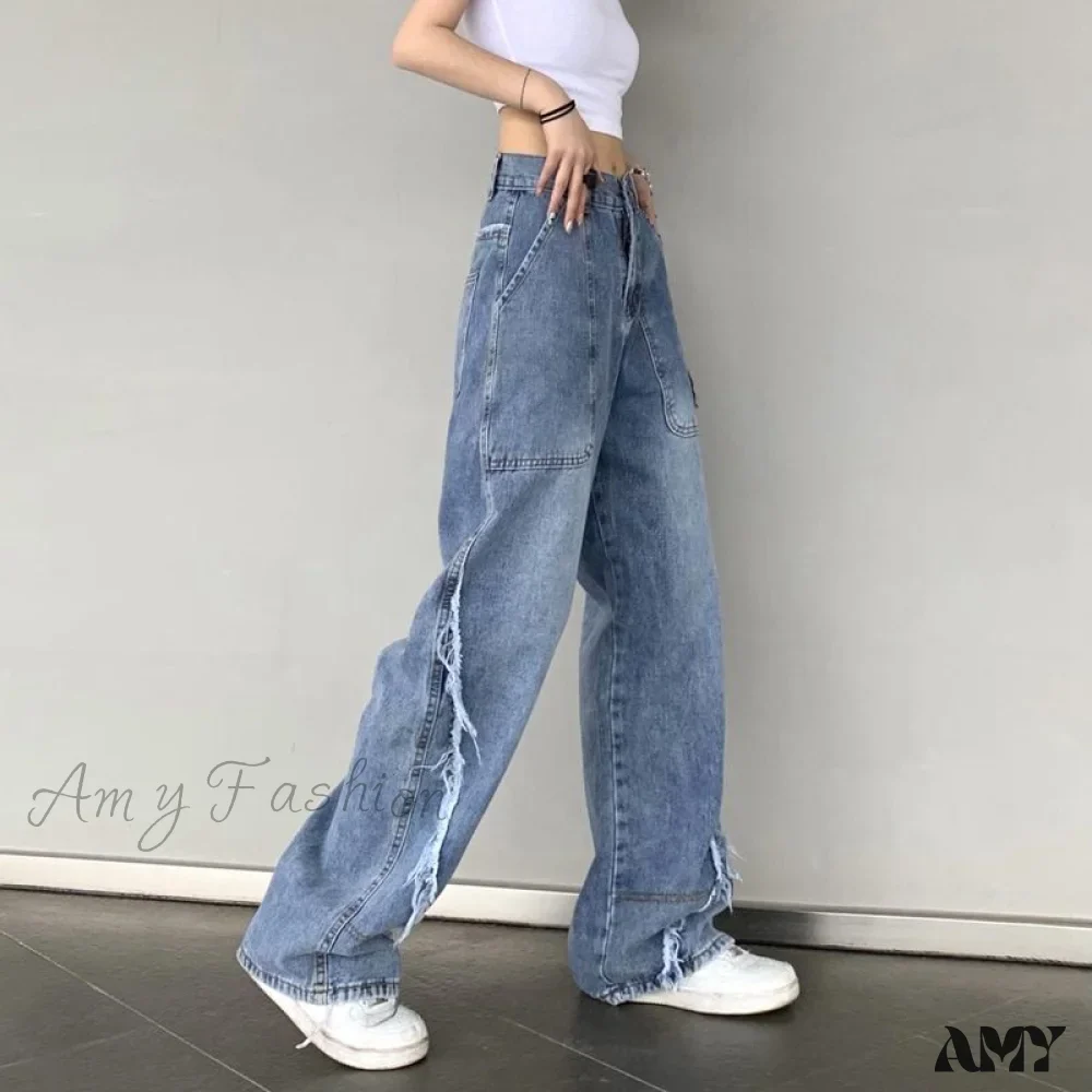 Amy Fashion - Y2k Raw Edge Baggy Jeans - Image 2