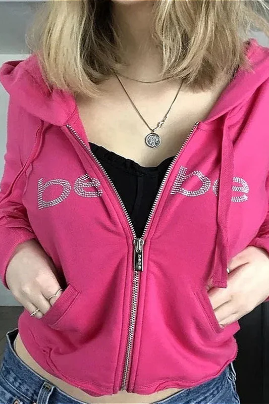 Y2K Retro Bebe Print Pink Rhinestone Hoodie - Image 3