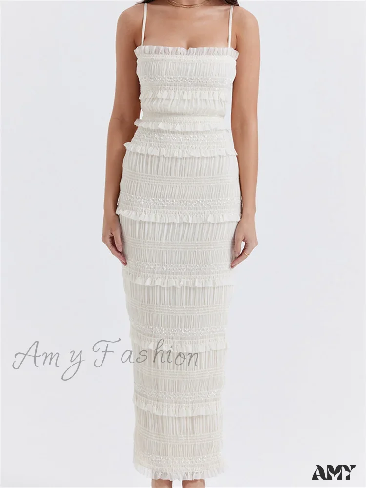 Amy Fashion - Y2K Ruched Sleeveless Strap  Sling for Women Ruffles Square Neck Low Cut Back Split  Female Vestidos - Image 2