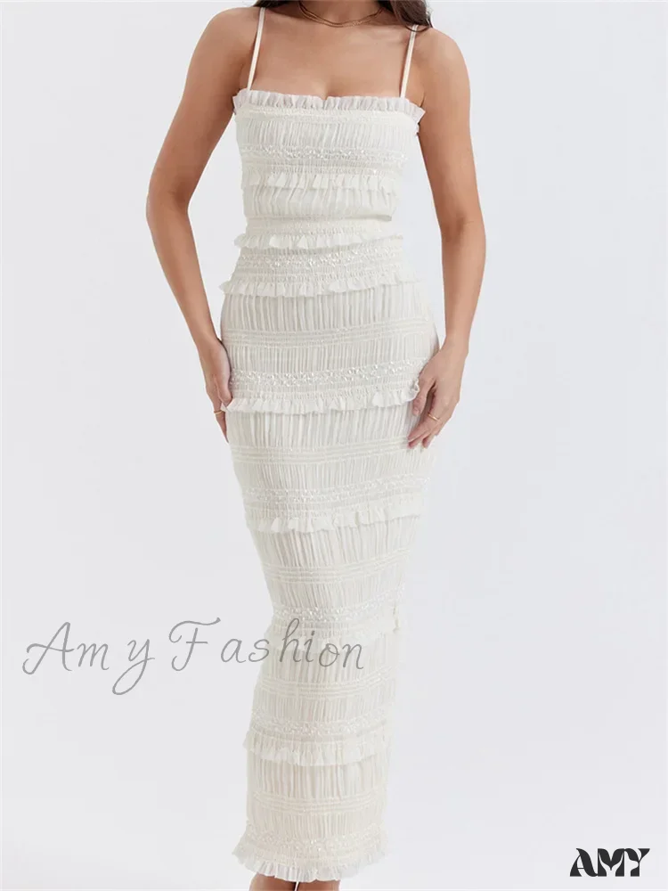 Amy Fashion - Y2K Ruched Sleeveless Strap  Sling for Women Ruffles Square Neck Low Cut Back Split  Female Vestidos - Image 3