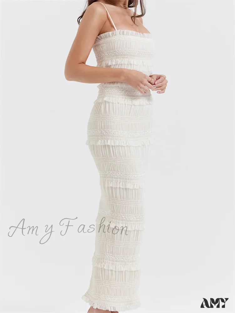 Amy Fashion - Y2K Ruched Sleeveless Strap  Sling for Women Ruffles Square Neck Low Cut Back Split  Female Vestidos - Image 4
