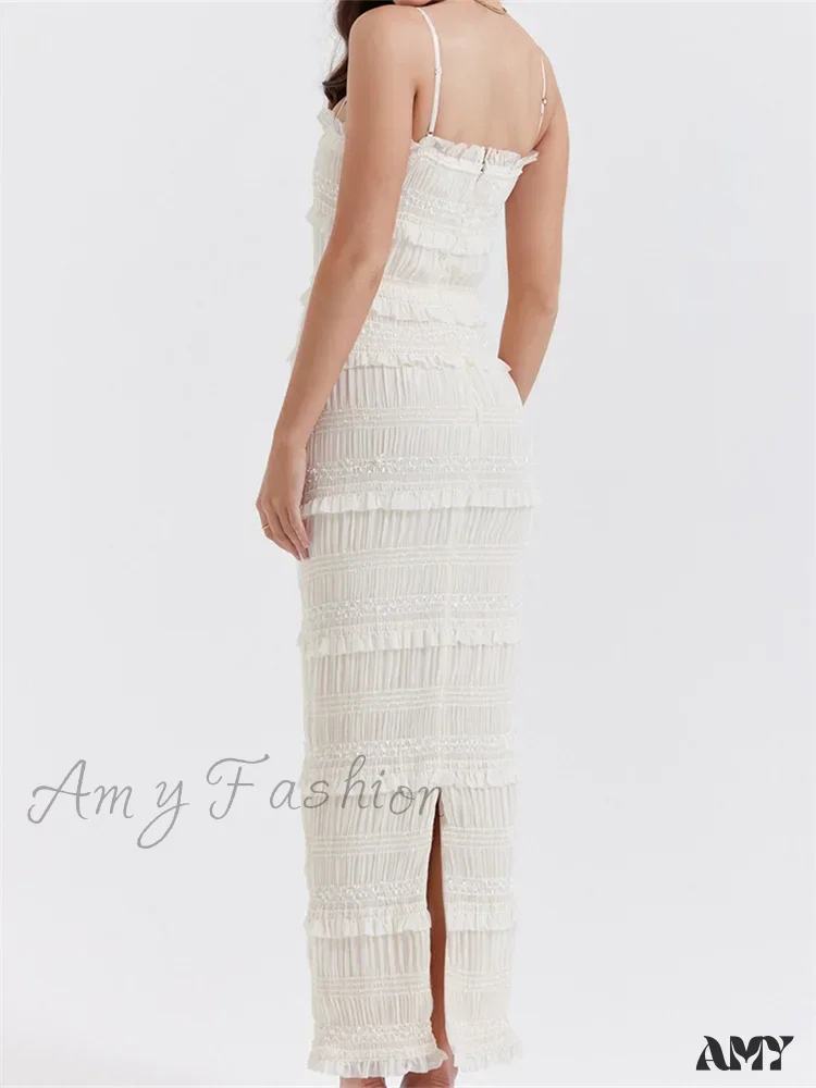 Amy Fashion - Y2K Ruched Sleeveless Strap  Sling for Women Ruffles Square Neck Low Cut Back Split  Female Vestidos - Image 5