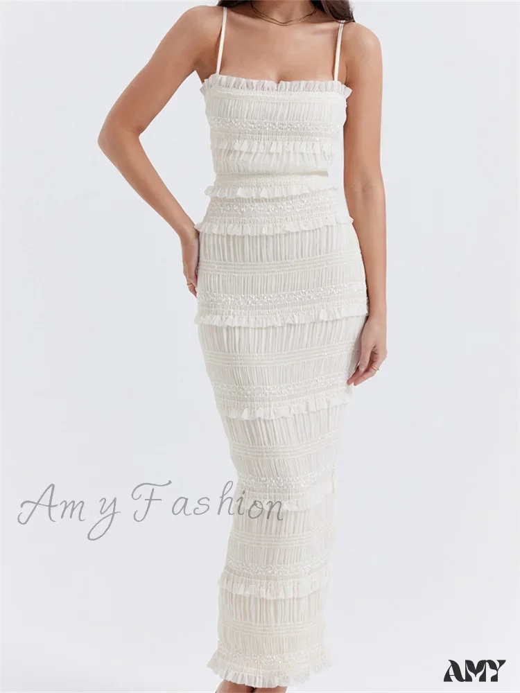 Amy Fashion - Y2K Ruched Sleeveless Strap  Sling for Women Ruffles Square Neck Low Cut Back Split  Female Vestidos - Image 7