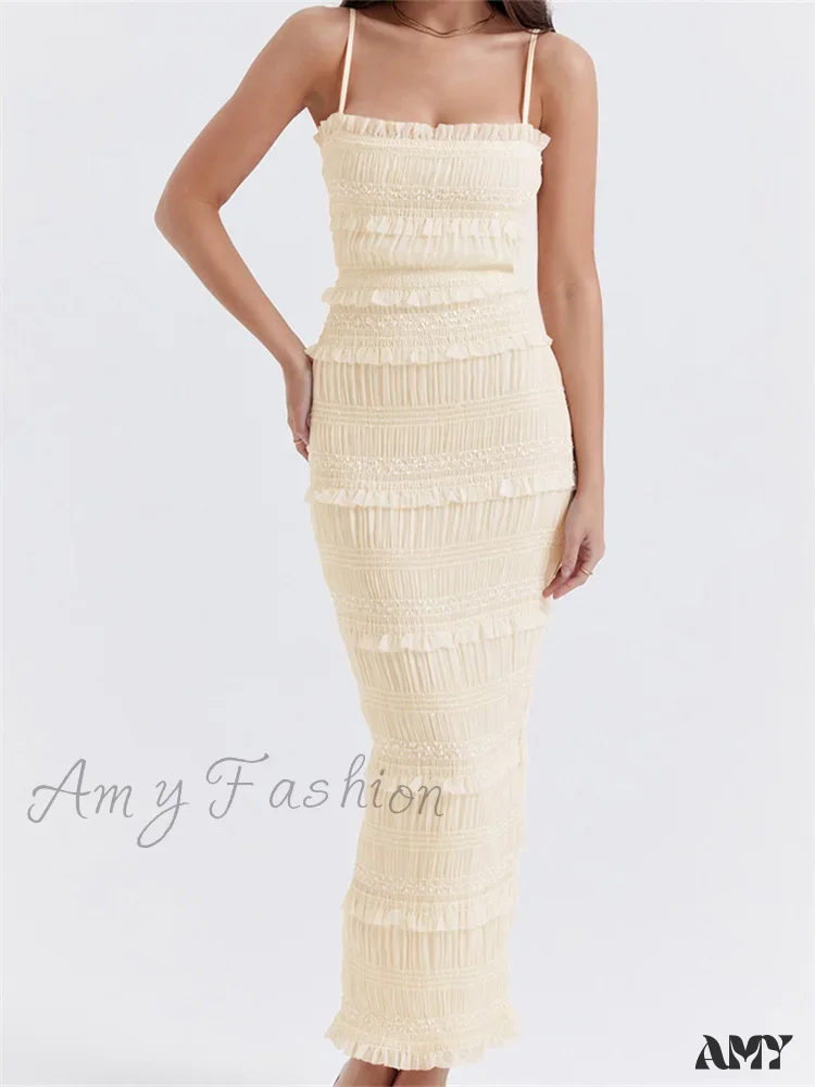 Amy Fashion - Y2K Ruched Sleeveless Strap  Sling for Women Ruffles Square Neck Low Cut Back Split  Female Vestidos - Image 8