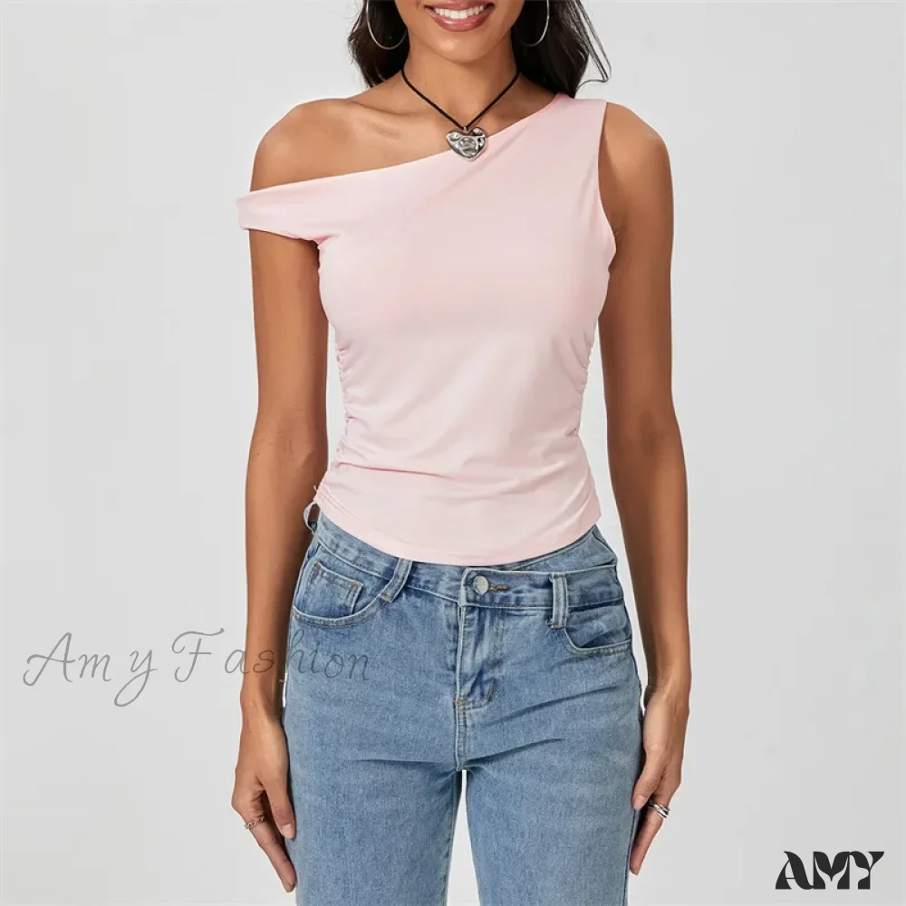 Y2k Solid Color Oblique Shoulder Sleeveless Aesthetic Summer Streetwear Crop Top