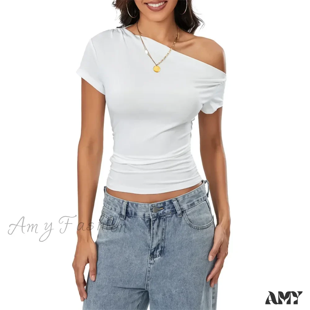 Y2k Summer Grunge Oblique Shoulder Sleeveless Ruched Streetwear Crop Top - Image 10