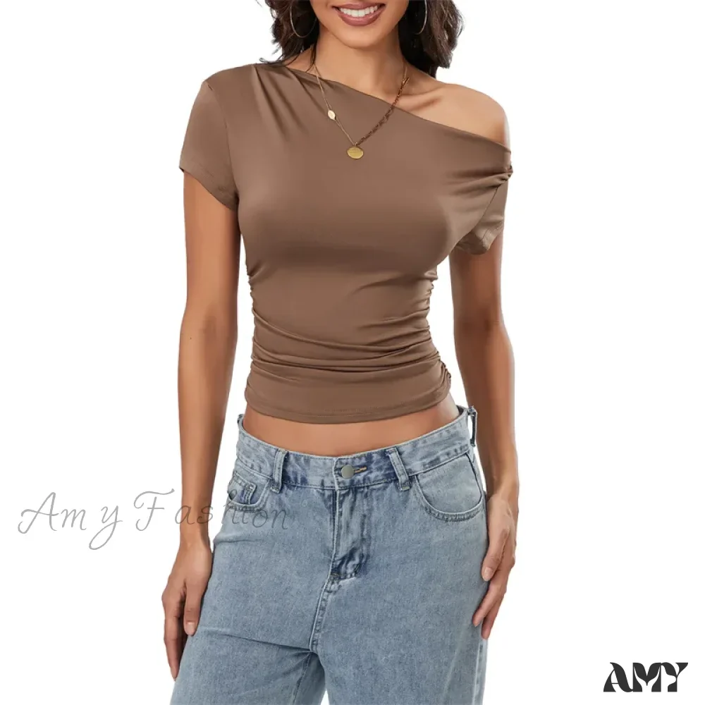 Y2k Summer Grunge Oblique Shoulder Sleeveless Ruched Streetwear Crop Top - Image 11