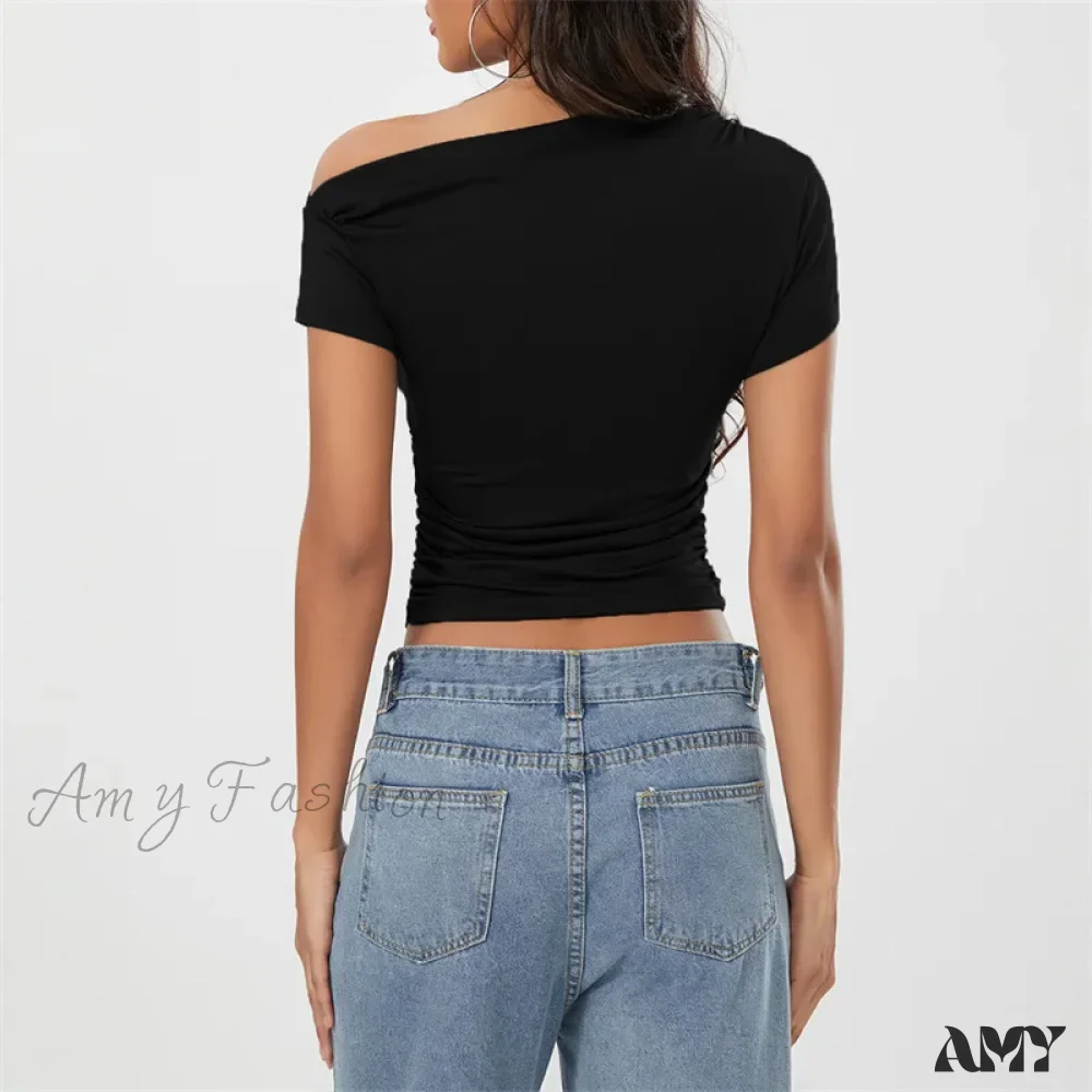 Y2k Summer Grunge Oblique Shoulder Sleeveless Ruched Streetwear Crop Top - Image 2