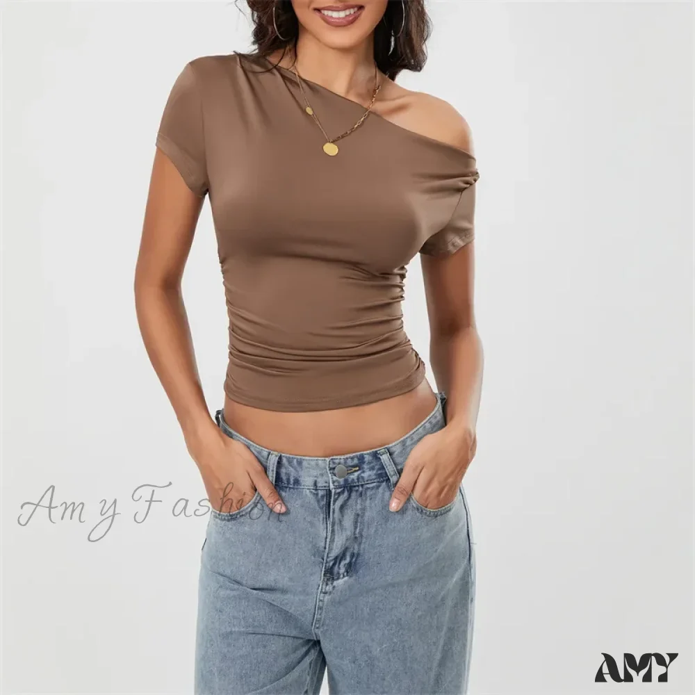 Y2k Summer Grunge Oblique Shoulder Sleeveless Ruched Streetwear Crop Top - Image 4