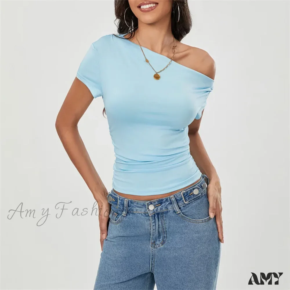 Y2k Summer Grunge Oblique Shoulder Sleeveless Ruched Streetwear Crop Top - Image 5