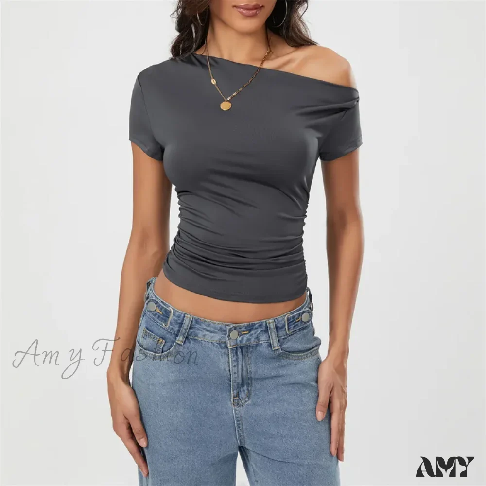 Y2k Summer Grunge Oblique Shoulder Sleeveless Ruched Streetwear Crop Top - Image 6