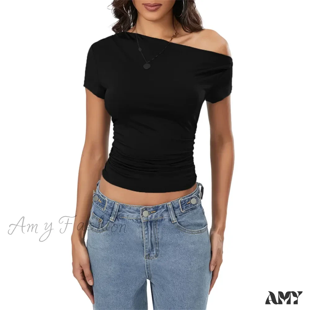 Y2k Summer Grunge Oblique Shoulder Sleeveless Ruched Streetwear Crop Top - Image 7