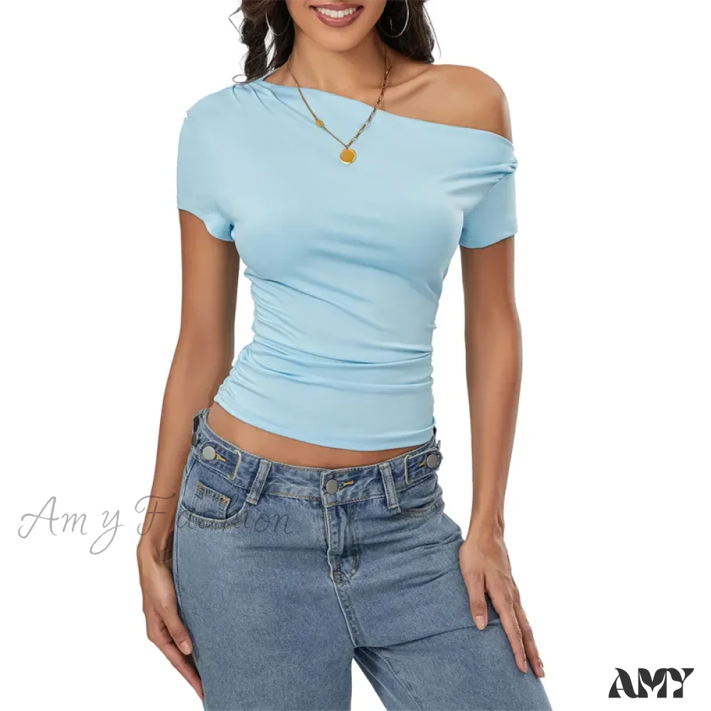 Y2k Summer Grunge Oblique Shoulder Sleeveless Ruched Streetwear Crop Top - Image 8