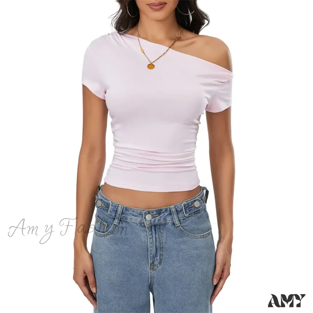 Y2k Summer Grunge Oblique Shoulder Sleeveless Ruched Streetwear Crop Top - Image 9