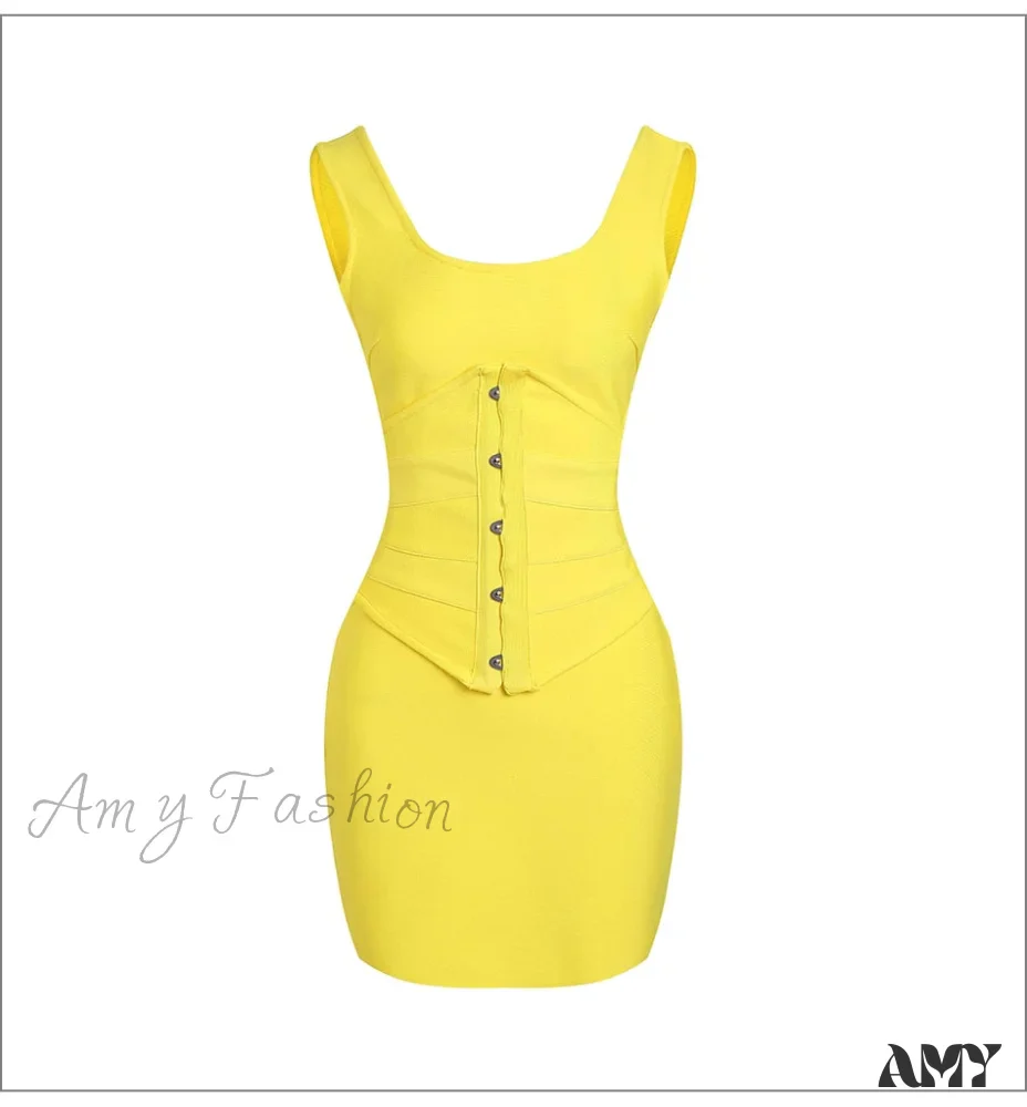 Amy Fashion - Yellow Bandage Hollow Out Sheath Tank Dress - Image 2