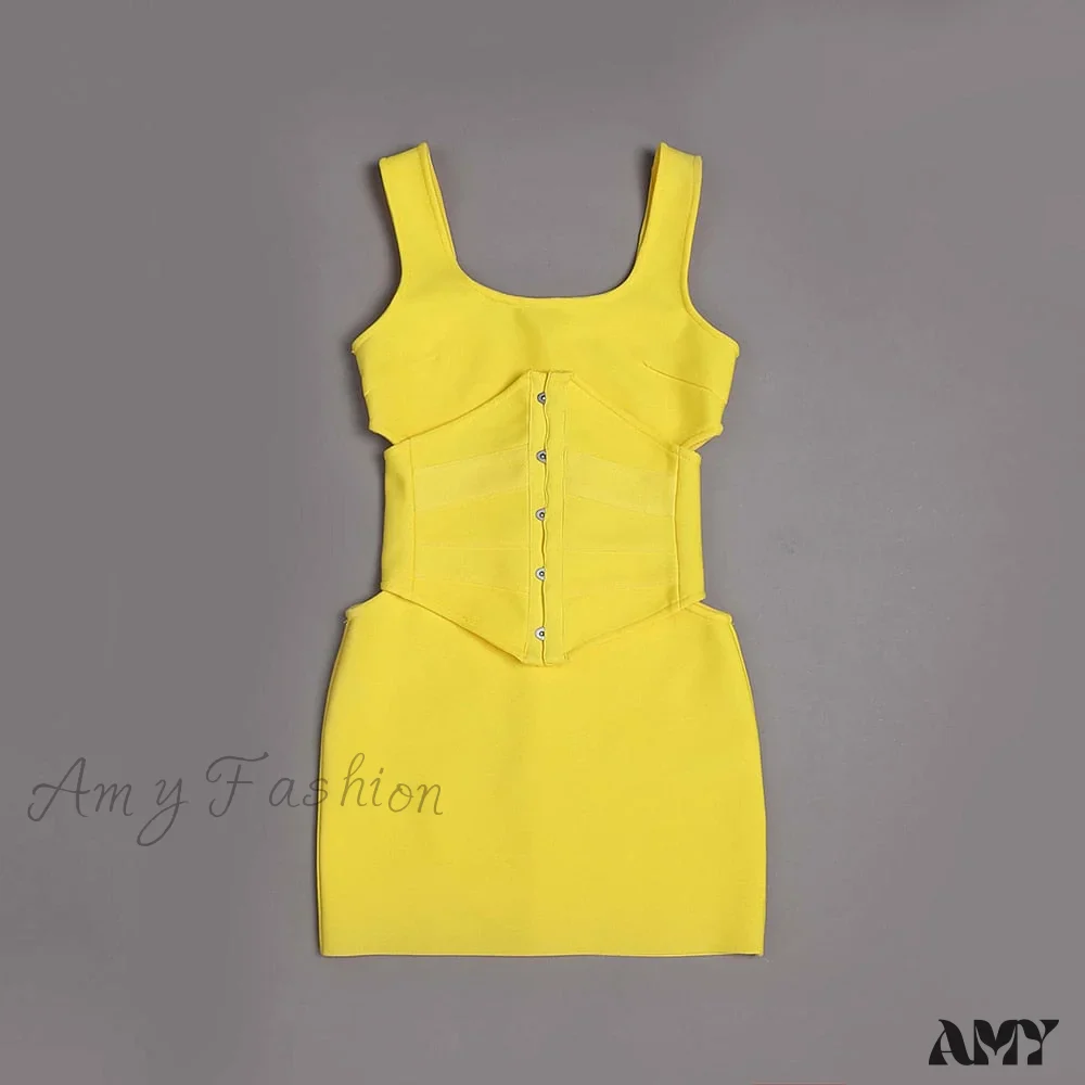 Amy Fashion - Yellow Bandage Hollow Out Sheath Tank Dress - Image 3