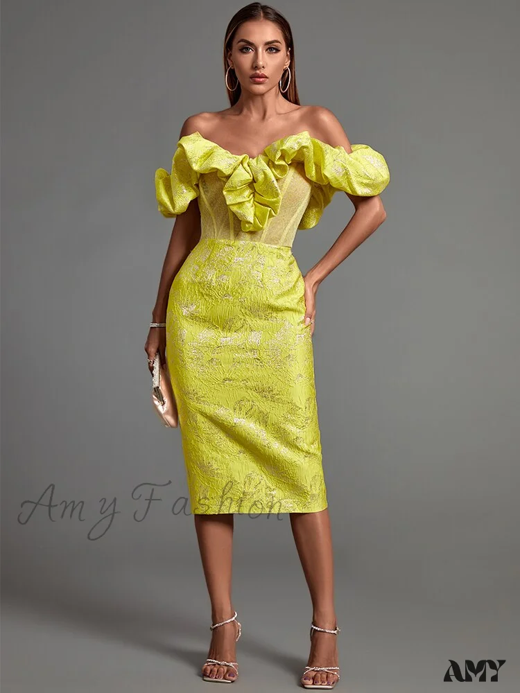 Amy Fashion - Yellow Bodycon Dress Elegant Sexy Ruffle Club Dress - Image 3