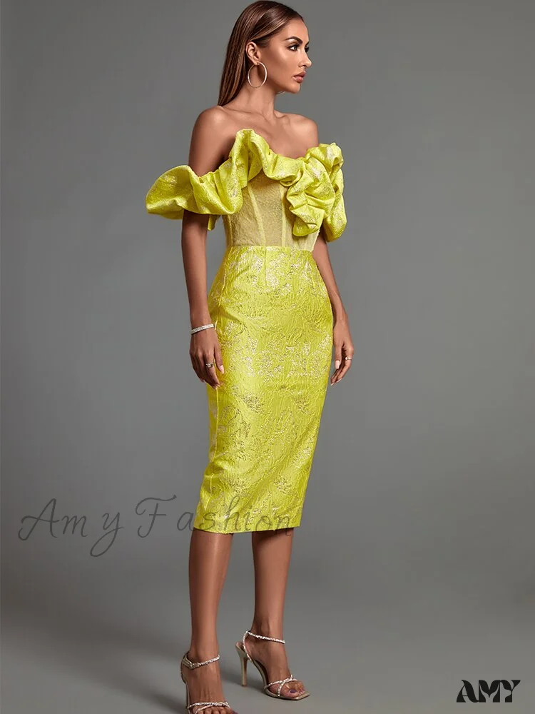 Amy Fashion - Yellow Bodycon Dress Elegant Sexy Ruffle Club Dress - Image 4
