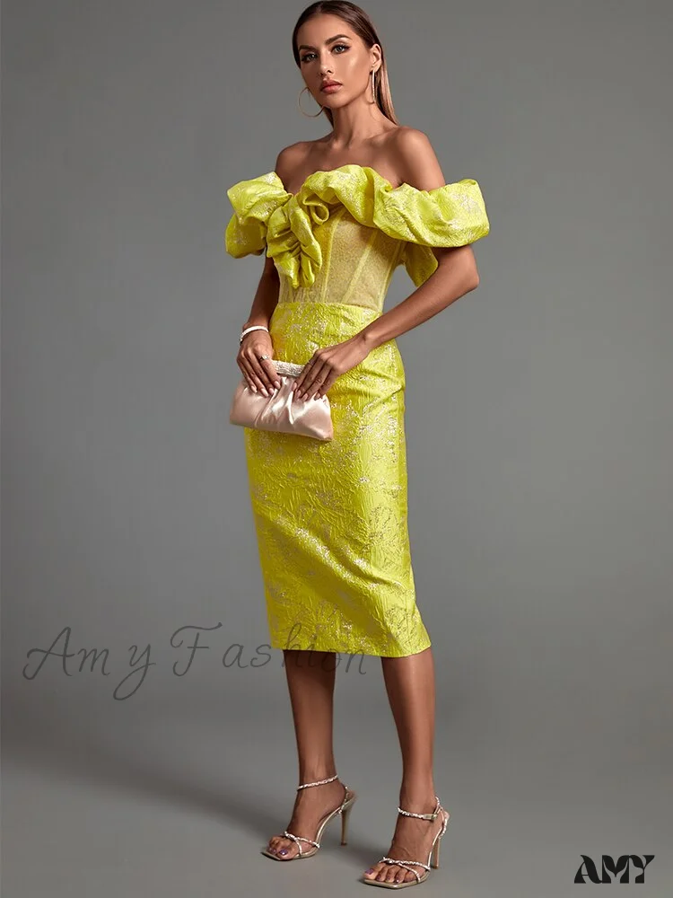 Amy Fashion - Yellow Bodycon Dress Elegant Sexy Ruffle Club Dress - Image 5