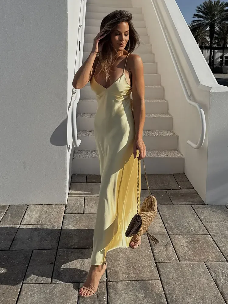 Yellow Satin Backless Sling Midi Dress - Image 2