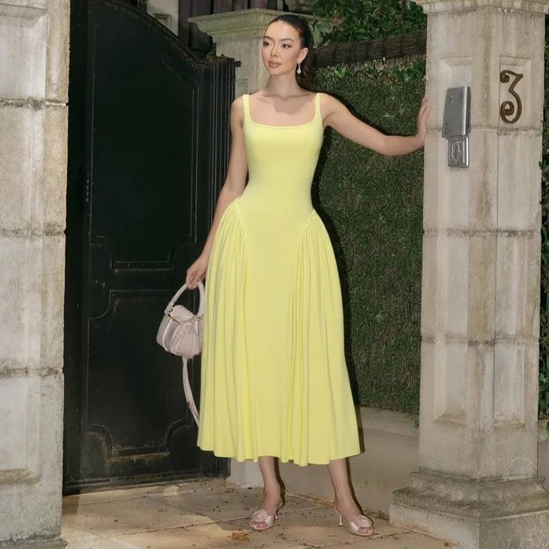 Yellow Square Collar Suspender Slim Pleated Prom Dress
