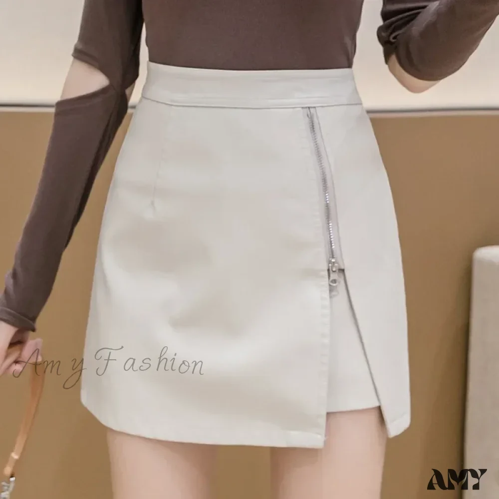 Zipper  Opening Anti-light Leather High Waist Trendy Elegant A-Line Skirt - Image 2