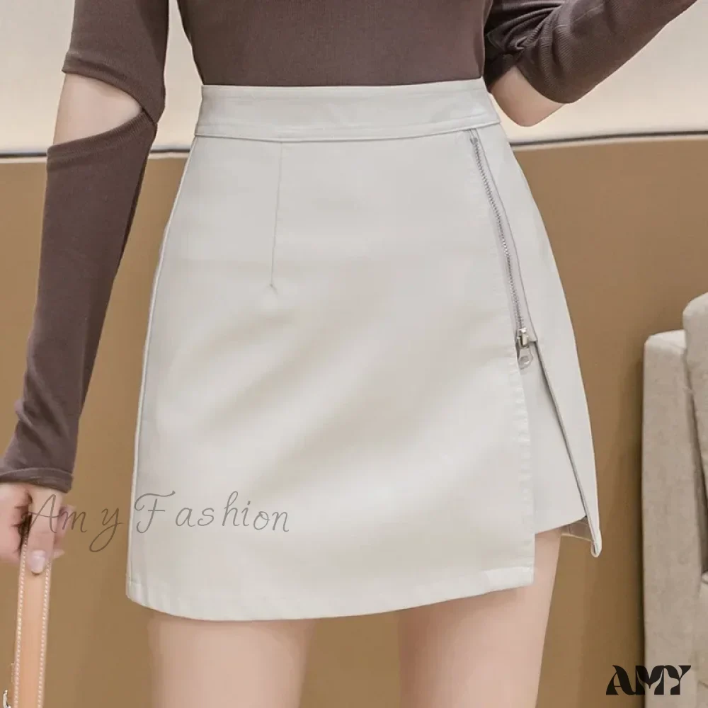 Zipper  Opening Anti-light Leather High Waist Trendy Elegant A-Line Skirt - Image 4
