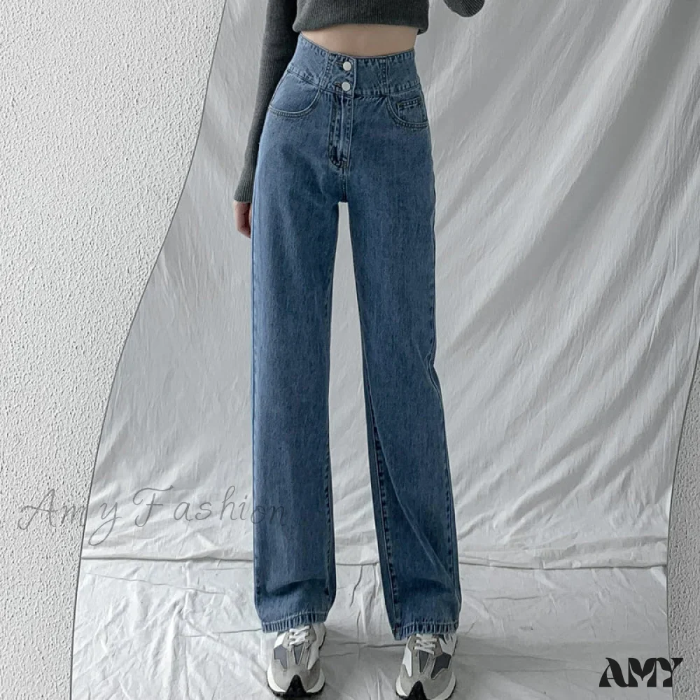 Amy Fashion - Hight Waist Blue White Wide Leg Comfy Jeans - Image 7